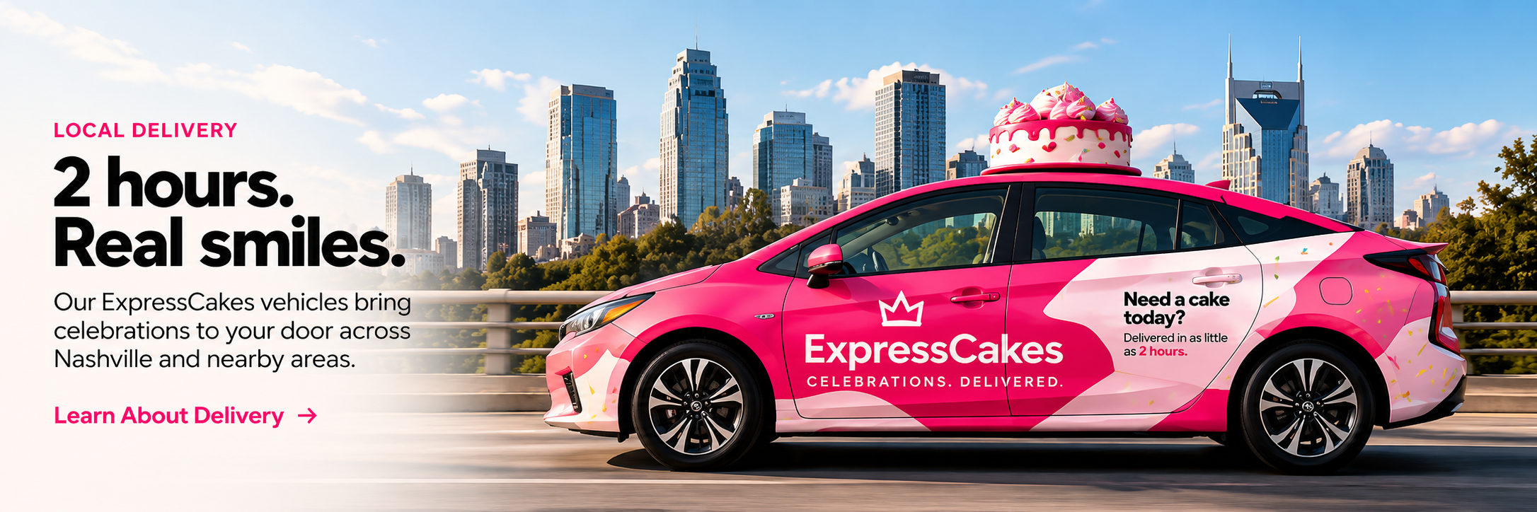 Pink ExpressCakes delivery car in front of the Nashville skyline with local delivery details